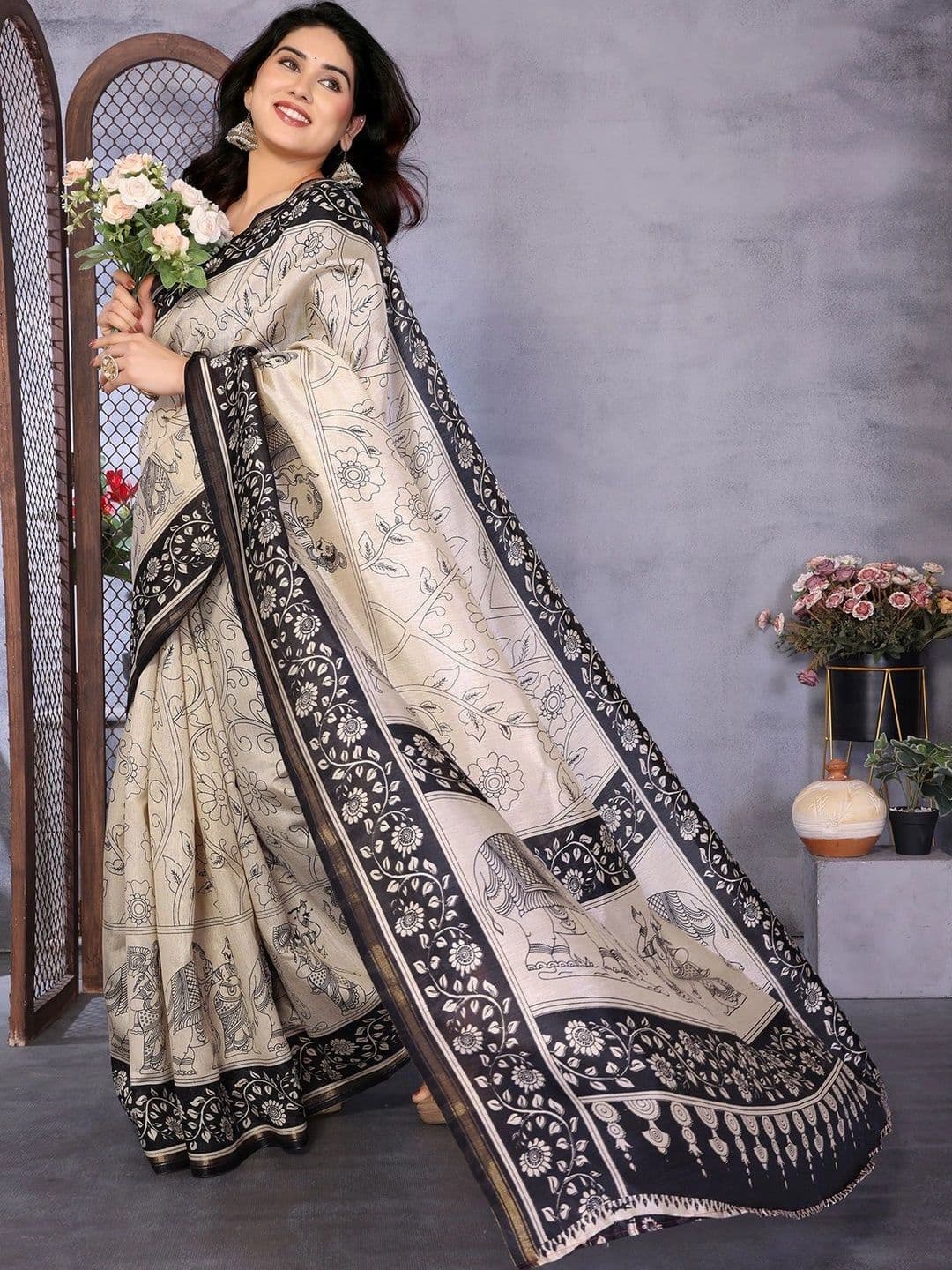 ANIRAV Kalamkari Linen Blend Saree thumbnail 5