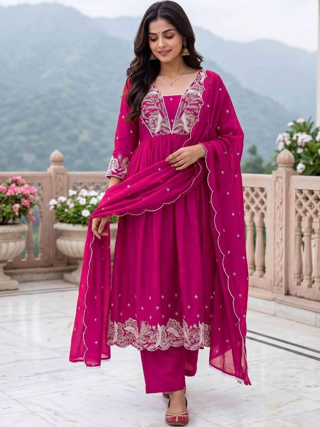 Moda Rapido Women Ethnic  Empire Thread Work Pure Silk Kurta with Trousers & With Dupatta thumbnail 6
