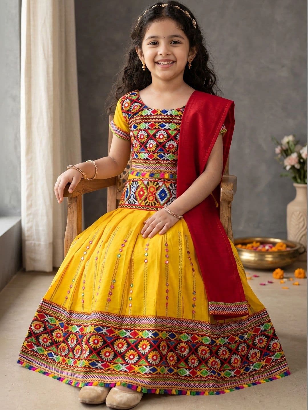 ahhaaaa Girls Embroidered Mirror Work Ready to Wear Lehenga & Blouse With Dupatta thumbnail 2