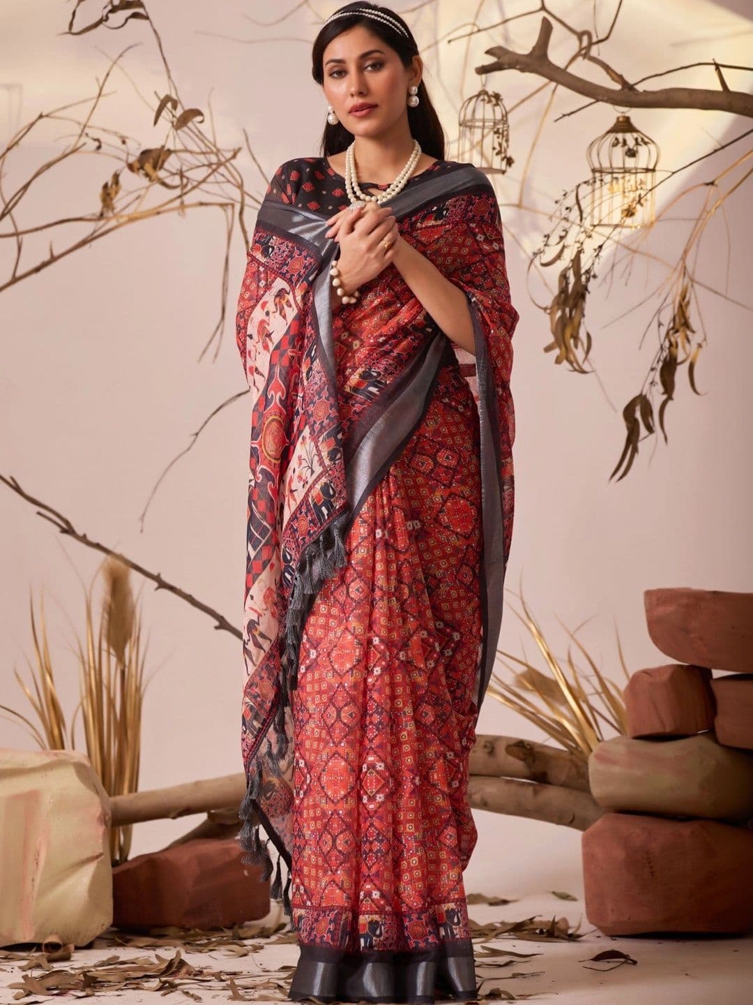 Moda Rapido Kalamkari Zari Linen Blend Designer Patola Saree thumbnail 7