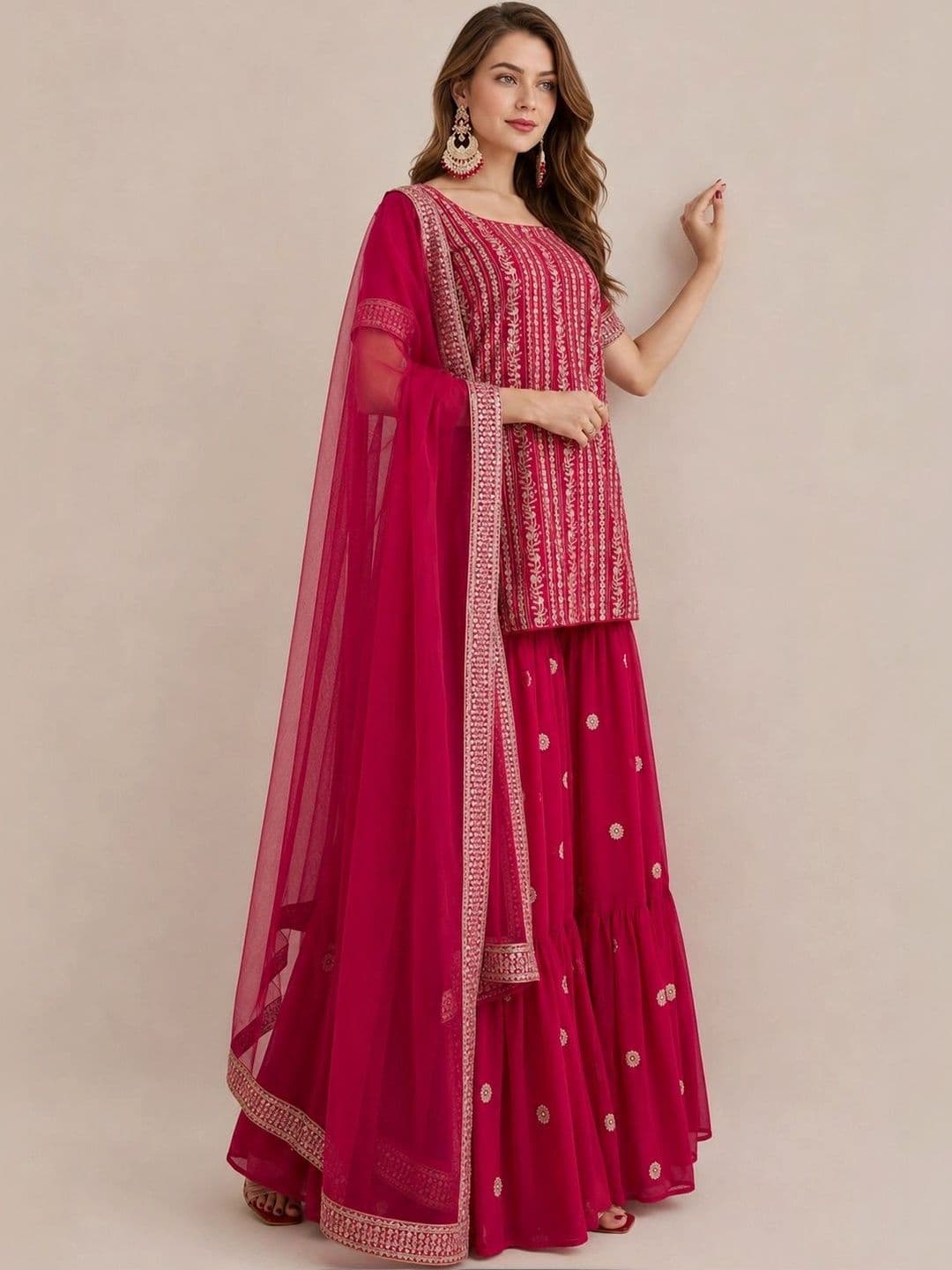 KALINI Women Ethnic Motifs Embroidered Silk Georgette Kurta with Sharara With Dupatta thumbnail 4