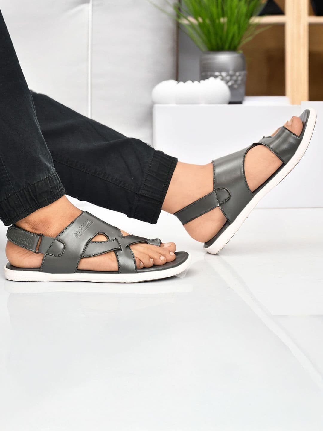 G L Trend Men Grey Solid Casual Comfort Sandals with Cross-Strap Design thumbnail 2