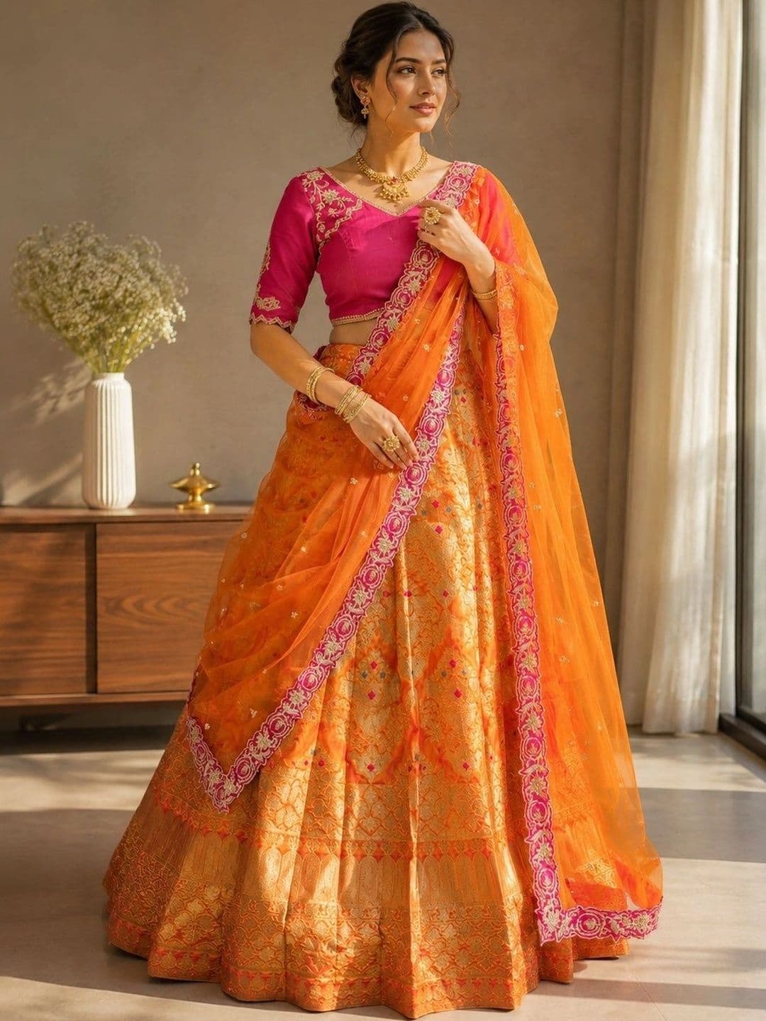 KALINI Embroidered Thread Work Ready to Wear Lehenga & Unstitched Blouse With Dupatta - view 1