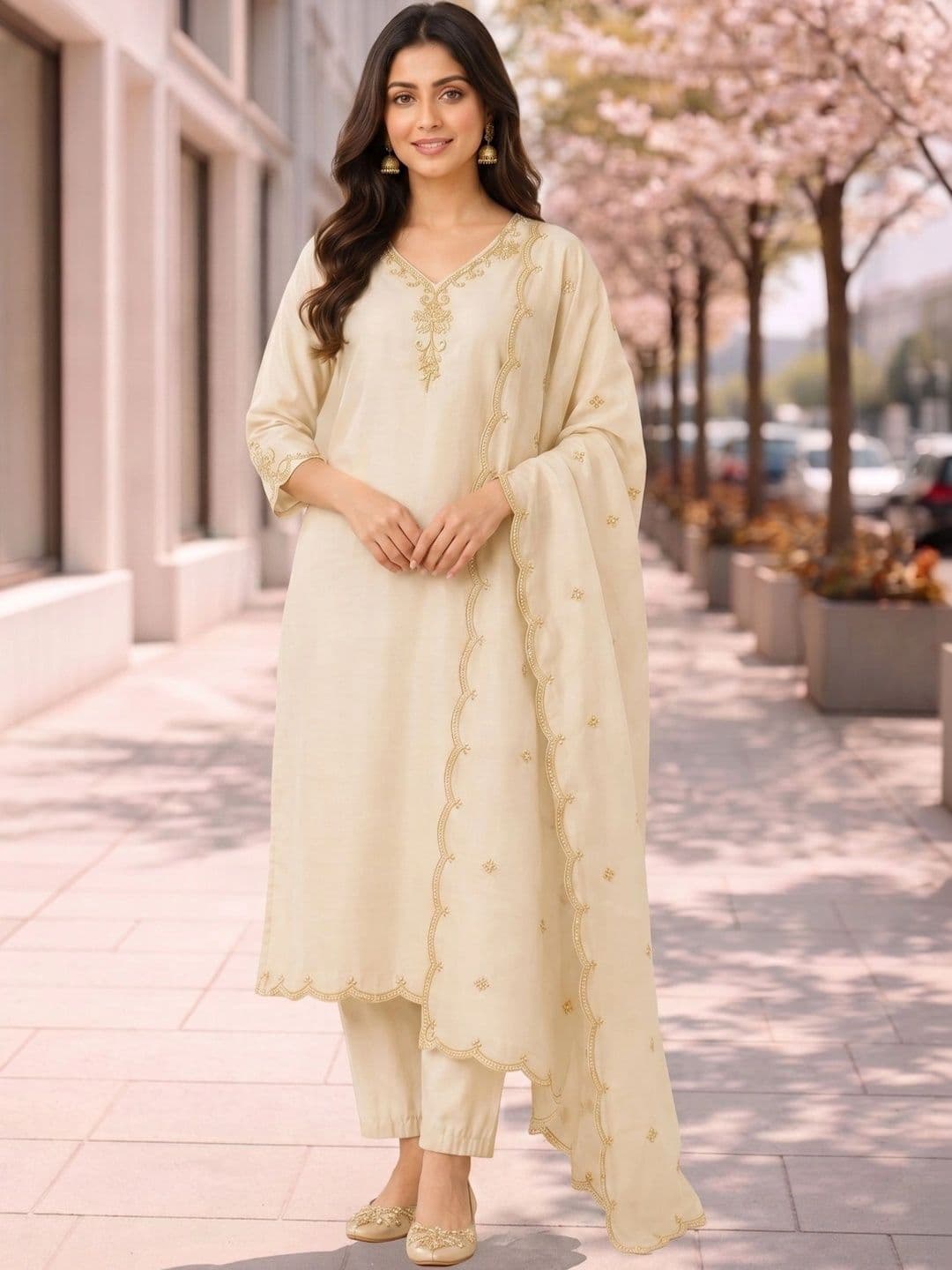 J MOGAL Women Ethnic Motifs Embroidered Kurta with Trousers & With Dupatta - view 1