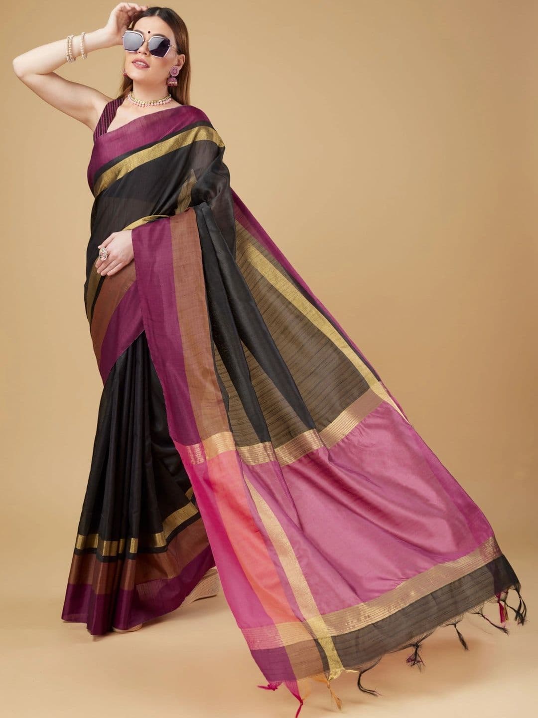 Moda Rapido Striped Zari Silk Cotton Designer Khadi Saree thumbnail 2