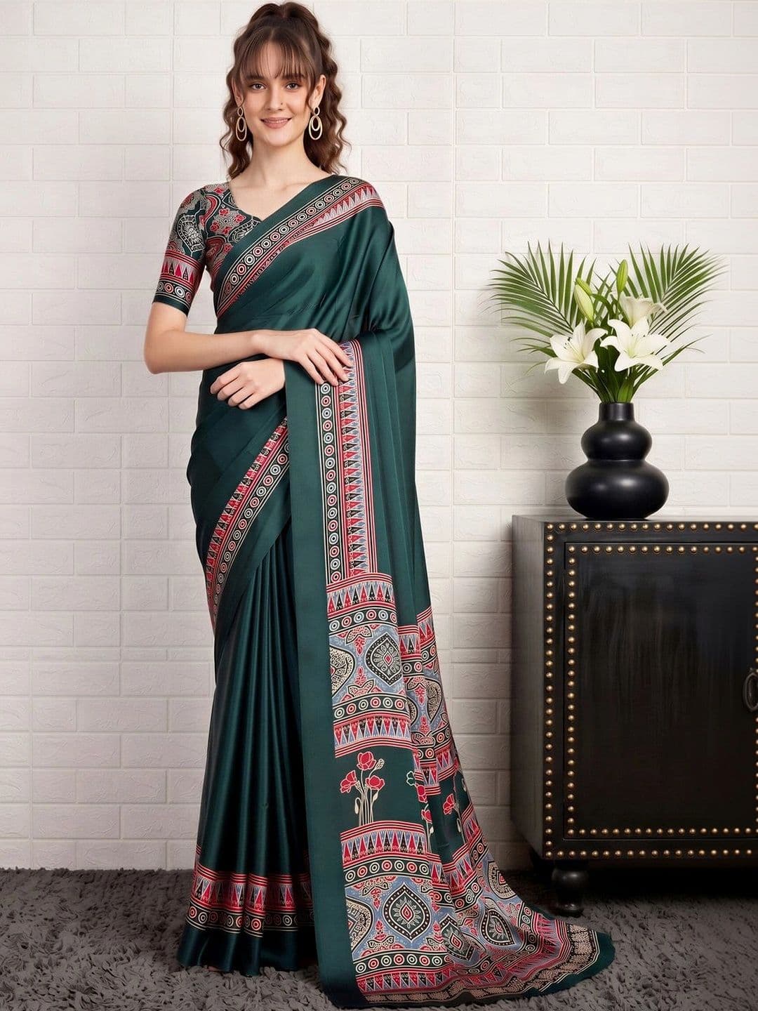 Anouk Kalamkari Satin Designer Block Print Saree - view 1