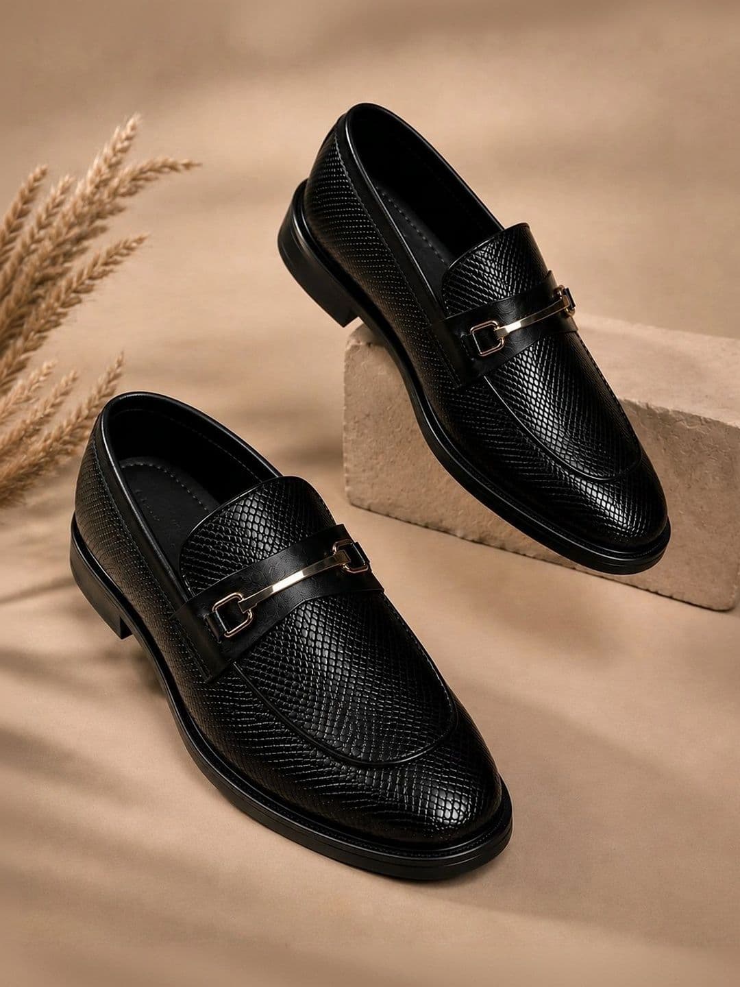 House of Pataudi Men Textured Round Toe Slip-On Loafers Formal Shoes thumbnail 4