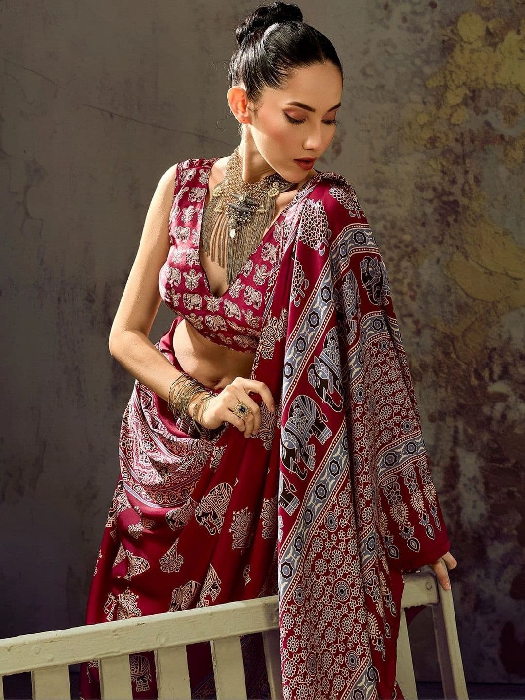 Sangria Embroidered Satin Designer Block Print Saree thumbnail 5