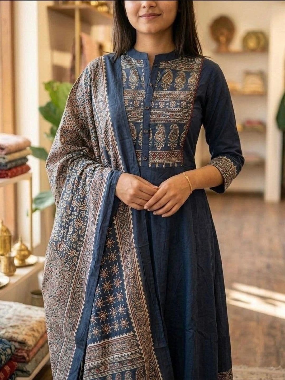 VASTRAPEDIA Women Ethnic Motifs Printed Regular Pure Cotton Kurta with Trousers & With Dupatta thumbnail 5