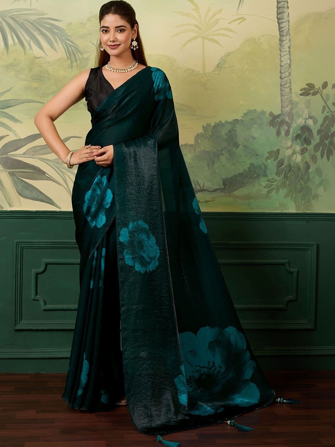 Nayanthara Trends Floral Satin Designer Saree - view 1
