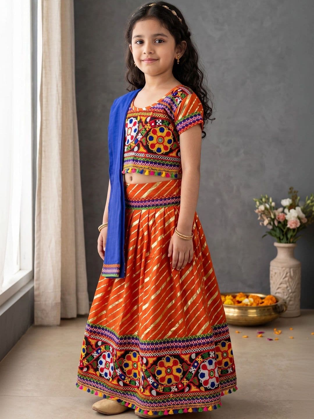 ahhaaaa Girls Embroidered Mirror Work Ready to Wear Lehenga & Blouse With Dupatta thumbnail 4