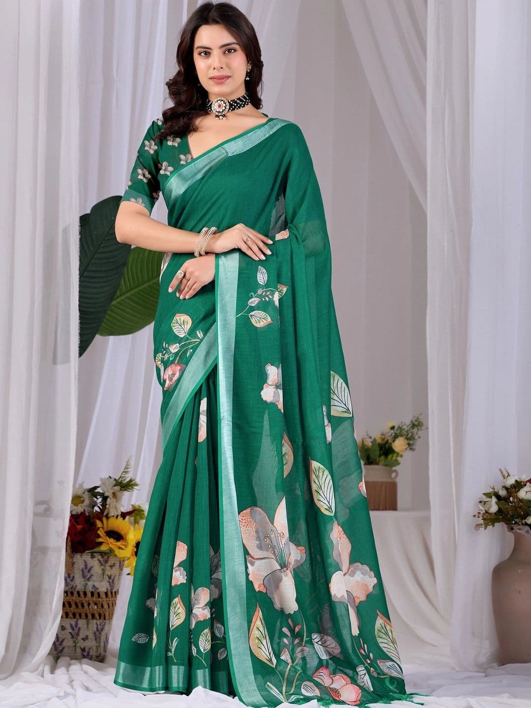 Moda Rapido Floral Zari Linen Blend Designer Saree - view 1