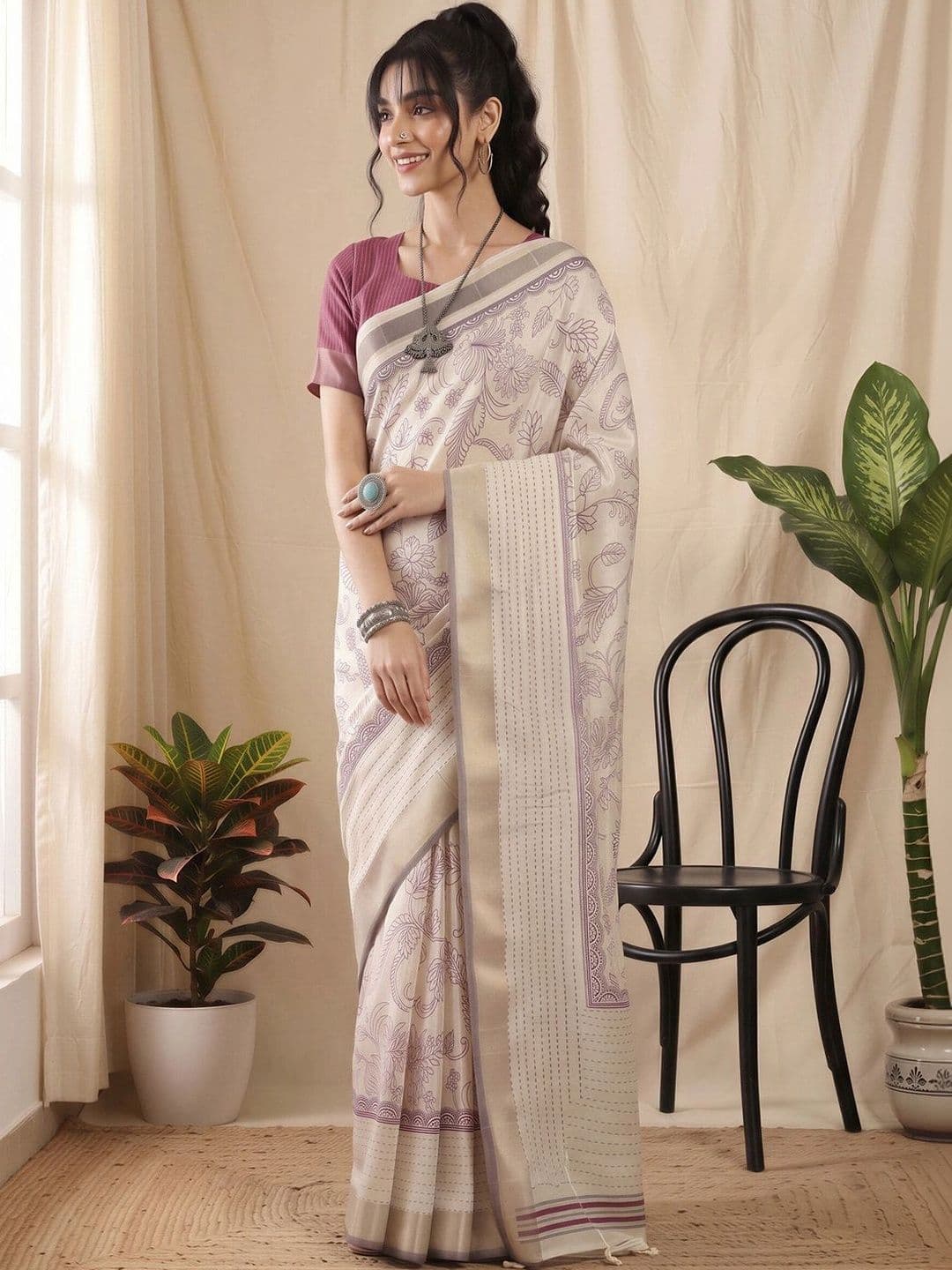 Anouk Floral Silk Cotton Designer Chanderi Saree thumbnail 5