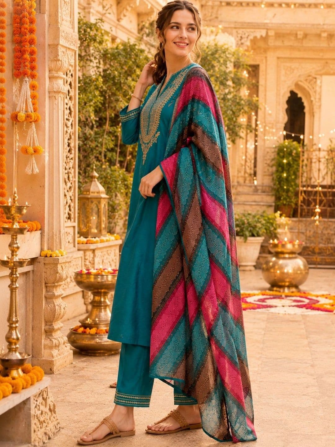 Nayam By Lakshita Women Ethnic Motifs Embroidered Regular Thread Work Kurta with Trousers & With Dupatta thumbnail 5