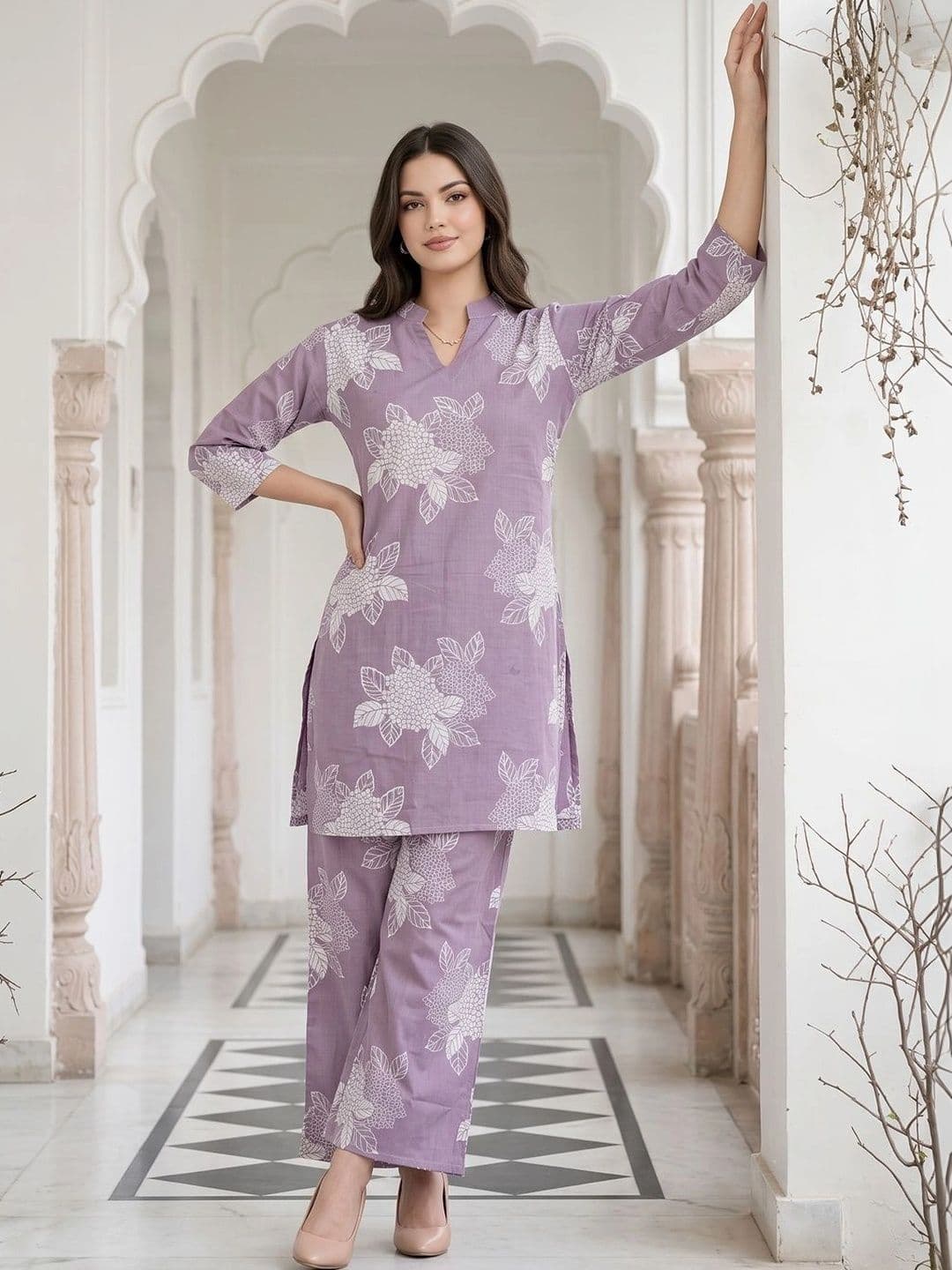 KALINI Women Floral Printed Regular Pure Cotton Kurta with Trousers thumbnail 5