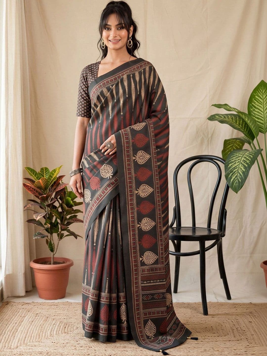 Anouk Batik Silk Blend Designer Block Print Saree - view 1