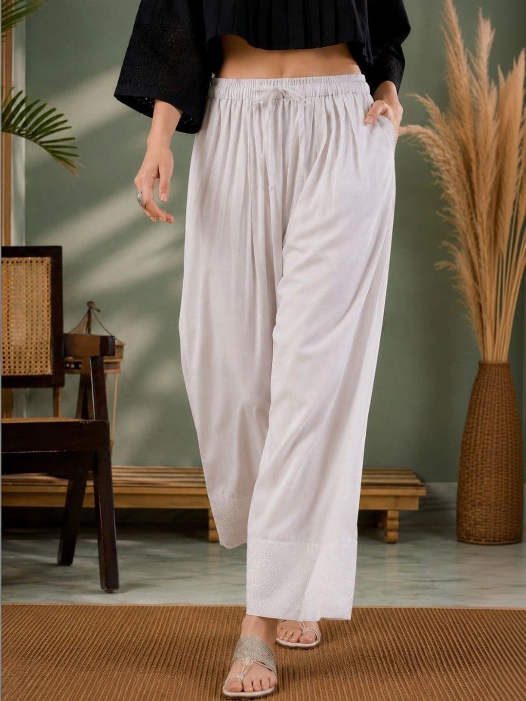 Anouk Mirage Women Pleated Chikankari Pure Cotton Top with Palazzos thumbnail 5