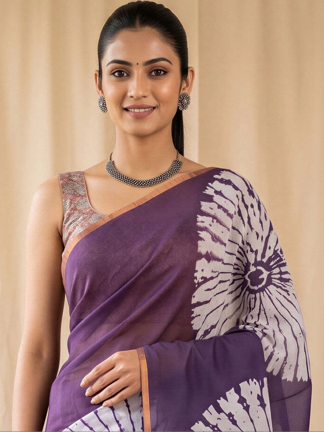 Sangria Floral Designer Block Print Saree thumbnail 3