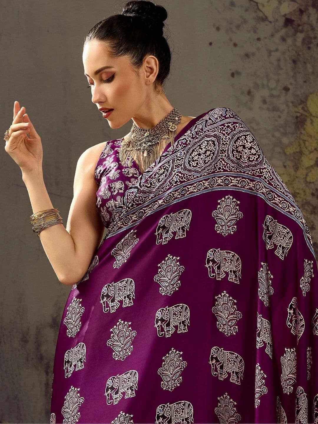 Sangria Ajrak Block Satin Designer Block Print Saree thumbnail 6
