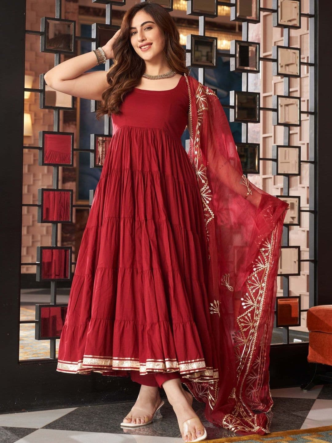 Vastranikhar Women Ethnic Motifs Tiered Thread Work Pure Cotton Kurta with Trousers & With Dupatta thumbnail 3