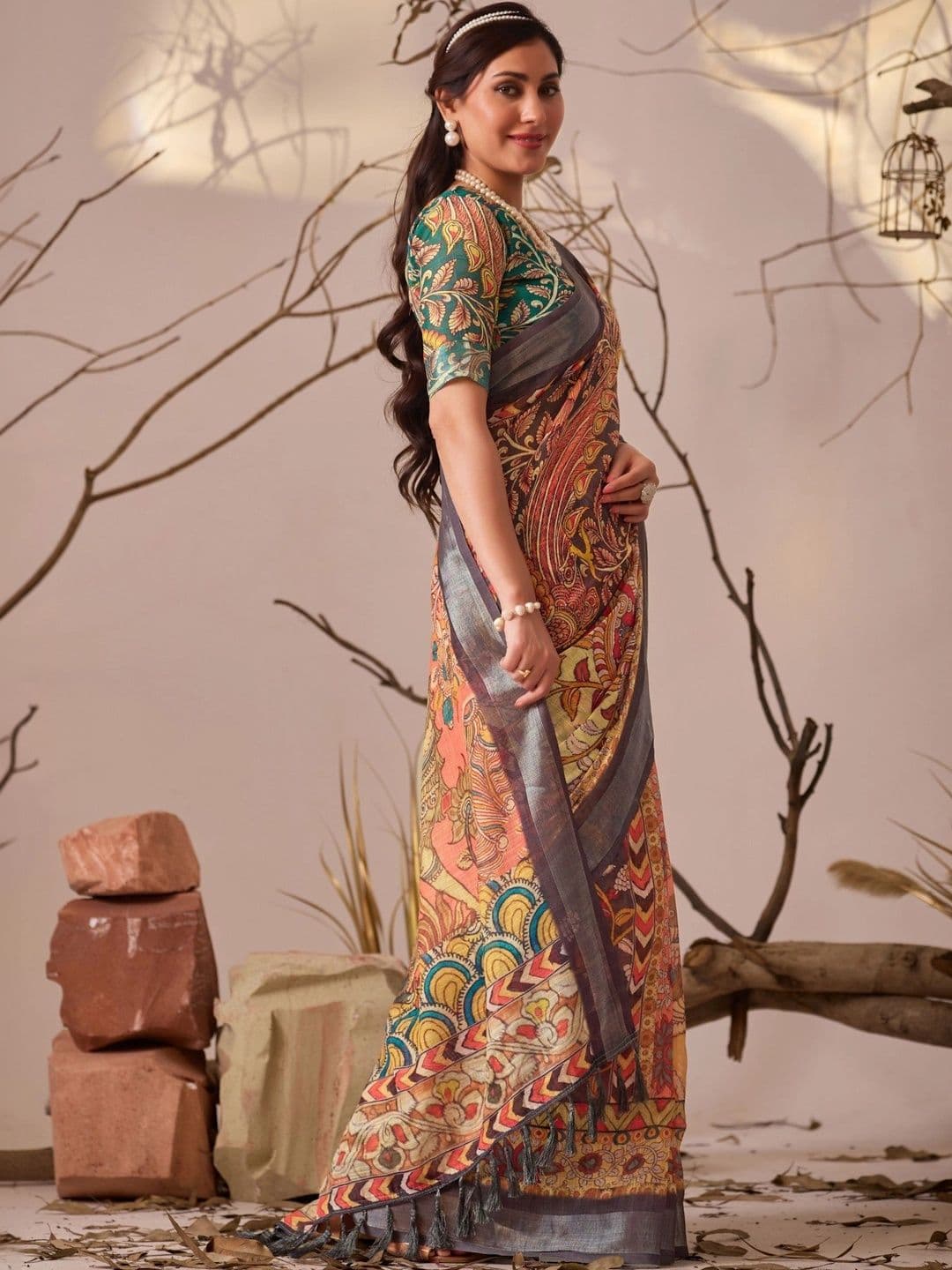 Moda Rapido Kalamkari Zari Linen Blend Designer Patola Saree thumbnail 5