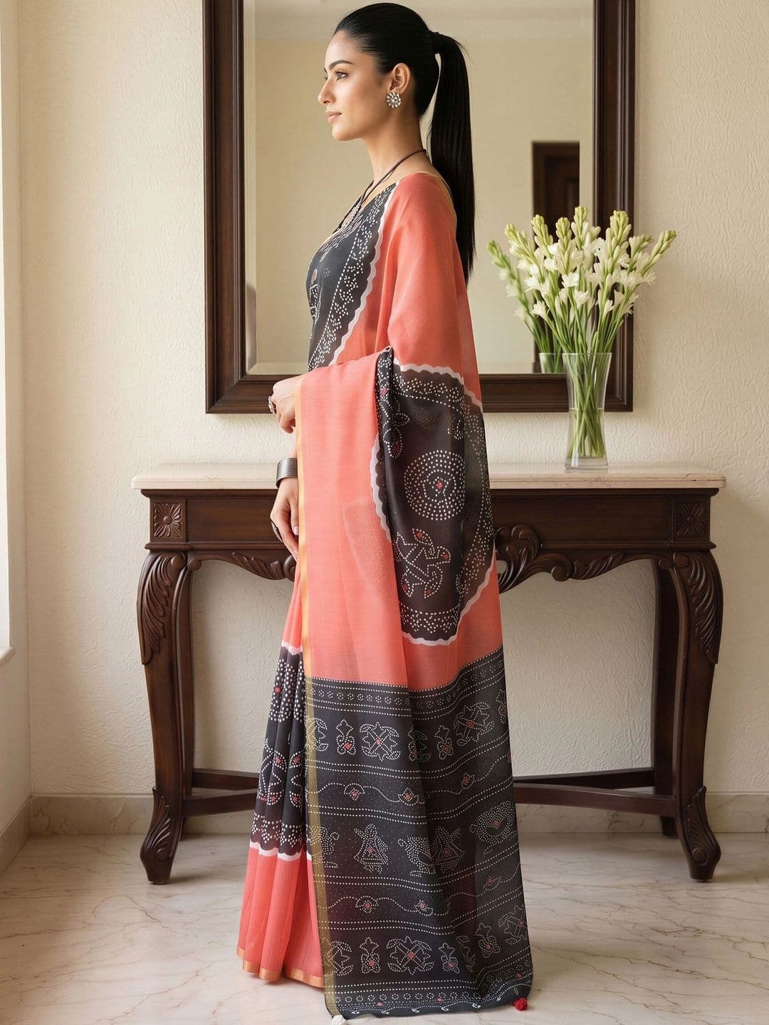 Sangria Bandhani Designer Block Print Saree thumbnail 6