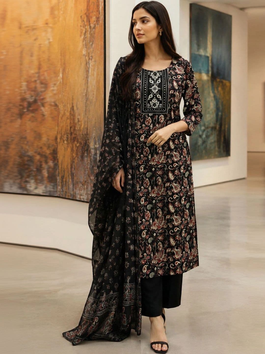 Roly Poly Women Ethnic Motifs Printed Regular Thread Work Kurta with Palazzos & With Dupatta - view 1