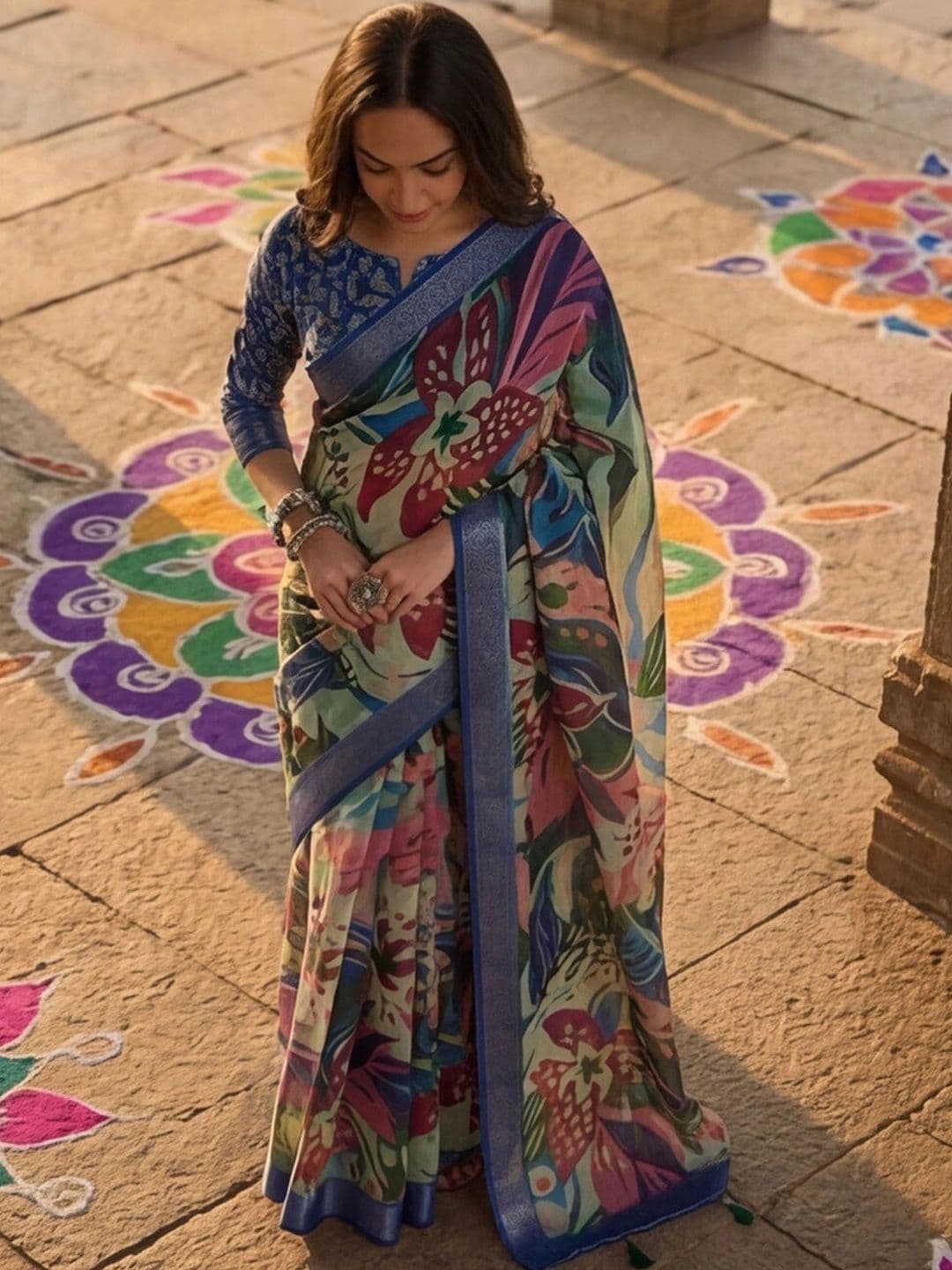 Anouk Rustic Floral Zari Pure Linen Designer Khadi Saree thumbnail 3