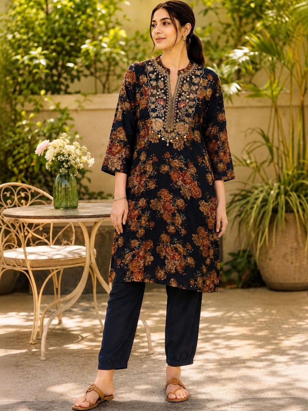 Nayam By Lakshita Women Floral Printed Regular Thread Work Kurta with Trousers - view 1