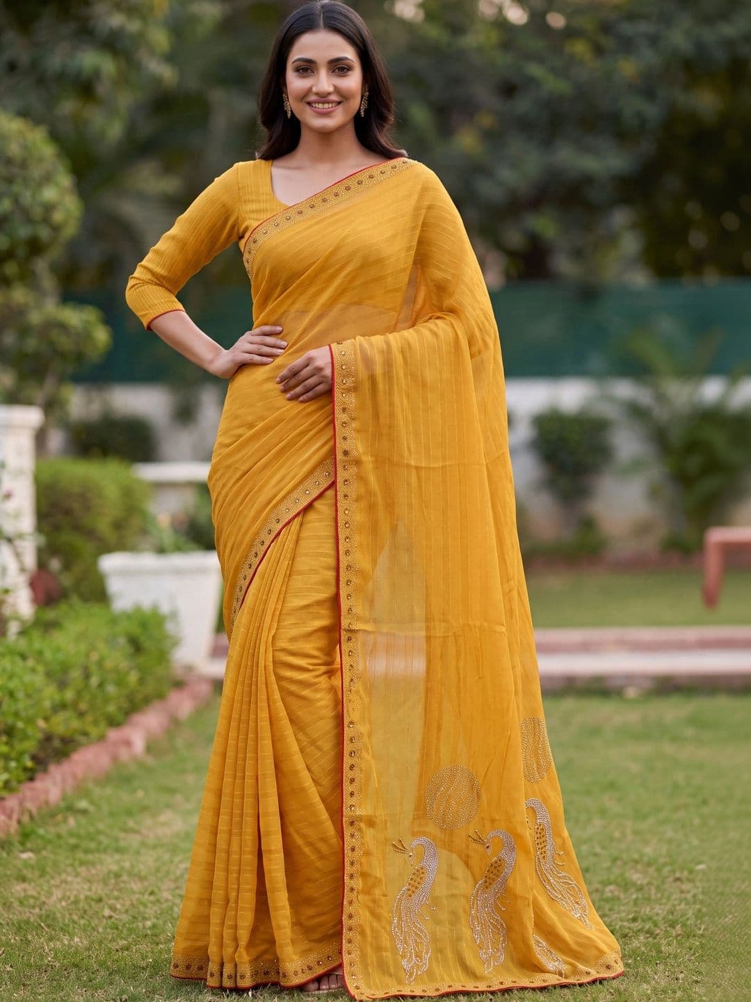 Jaipur Vogue Striped Poly Georgette Saree - view 1