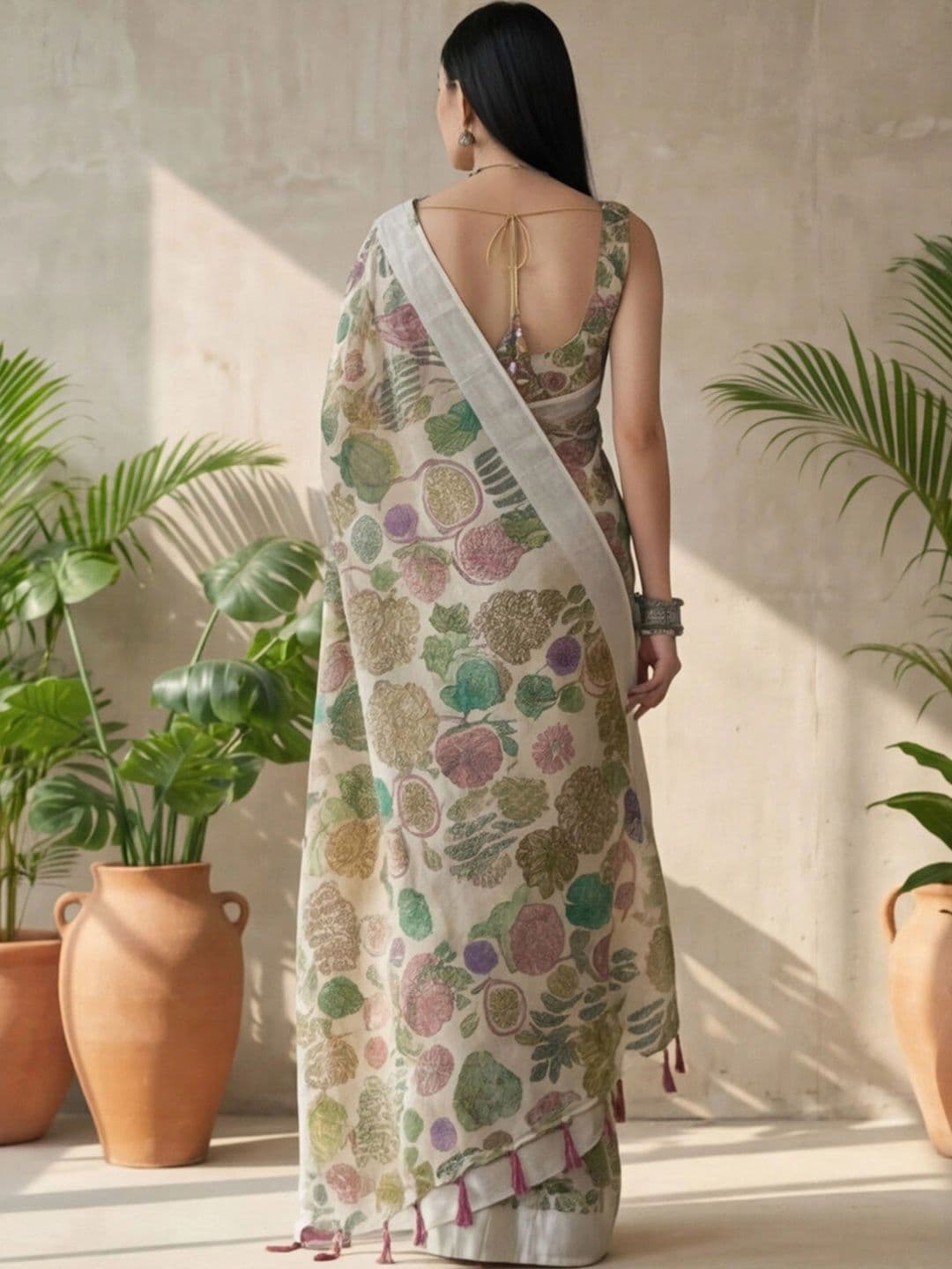 Anouk Rustic Floral Zari Pure Linen Designer Khadi Saree thumbnail 2