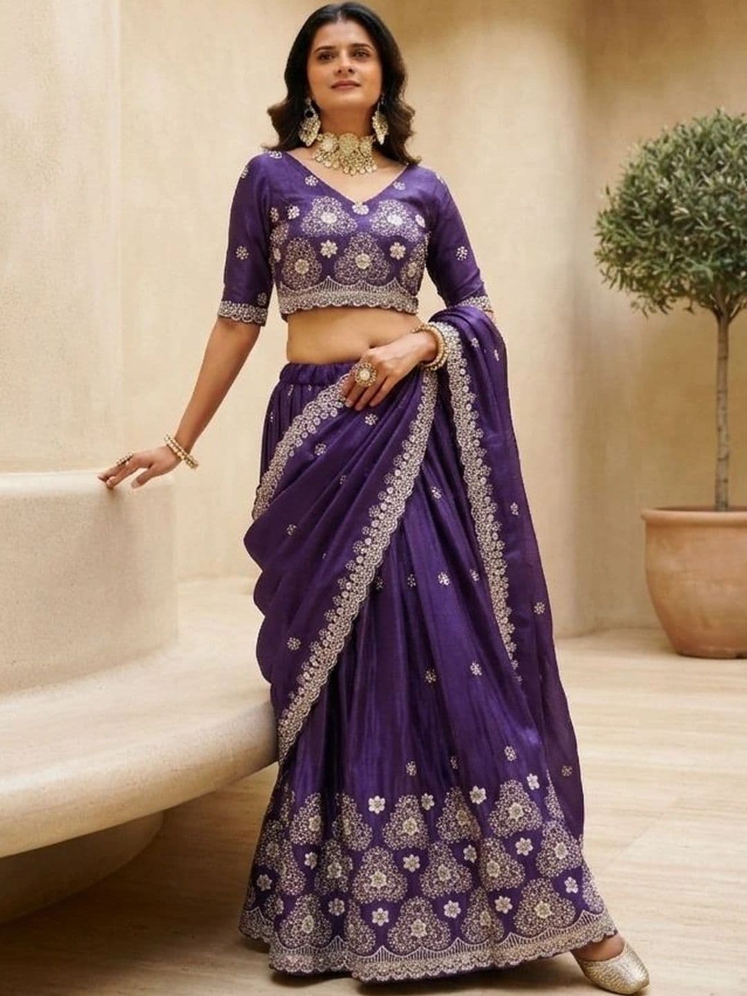 HERE&NOW Women Embroidered Thread Work Semi-Stitched Lehenga & Blouse With Dupatta thumbnail 4