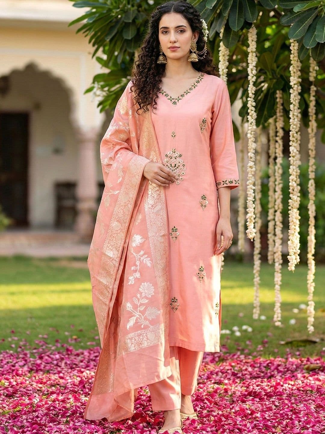 SHRI VANYA CREATION Women Ethnic Motifs Embroidered Regular Thread Work Chanderi Silk Kurta with Trousers & thumbnail 4