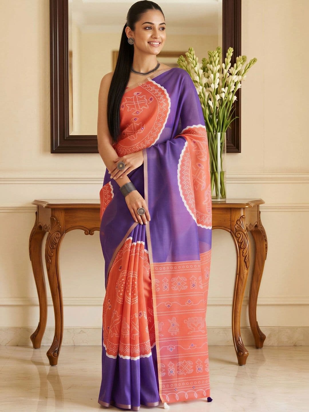 Sangria Bandhani Designer Block Print Saree thumbnail 4