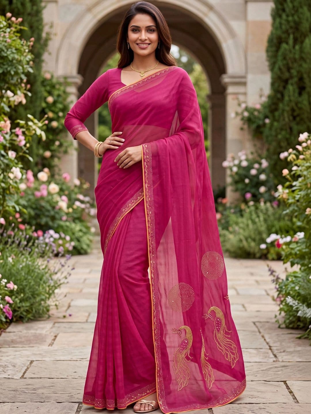 Jaipur Vogue Embellished Embroidered Poly Georgette Saree - view 1