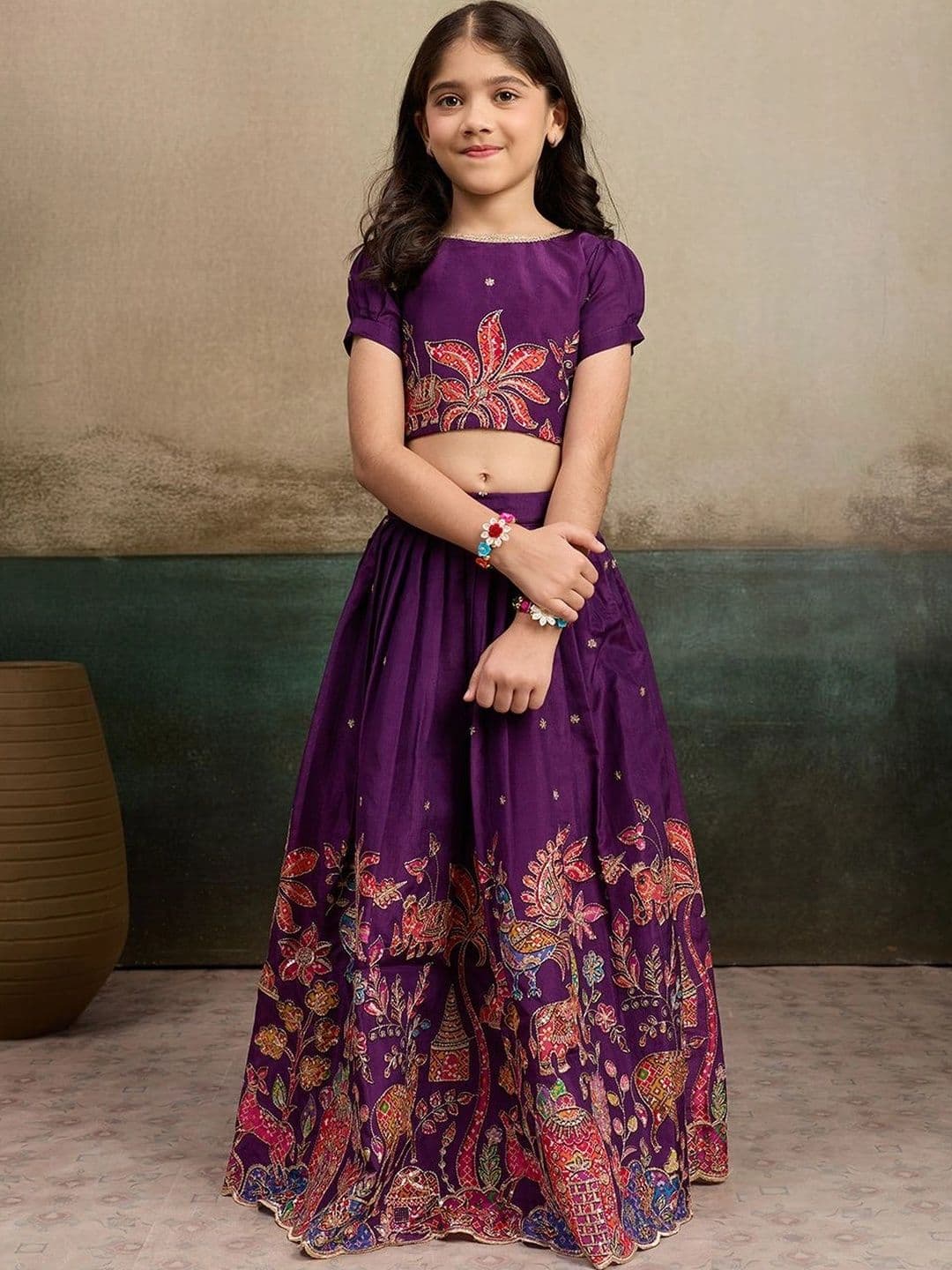 Tasarika Girls Embroidered Kalamkari Ready to Wear Lehenga & - view 1