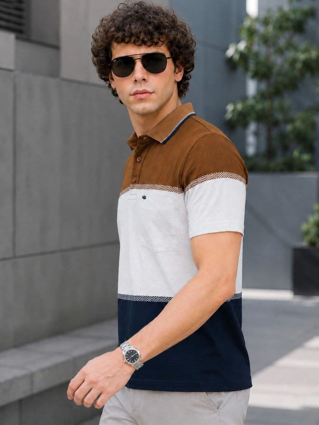 ESSA Men Colourblocked Polo Collar Pockets T-shirt thumbnail 3