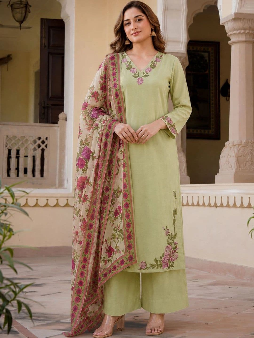 Aaghnya Women Floral Embroidered Regular Thread Work Kurta with Palazzos & With Dupatta - view 1