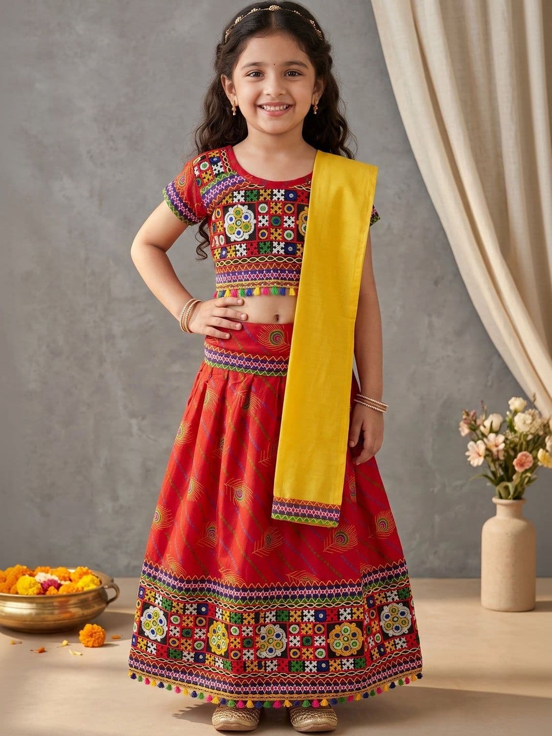 ahhaaaa Girls Embroidered Mirror Work Ready to Wear Lehenga & Blouse With Dupatta - view 1
