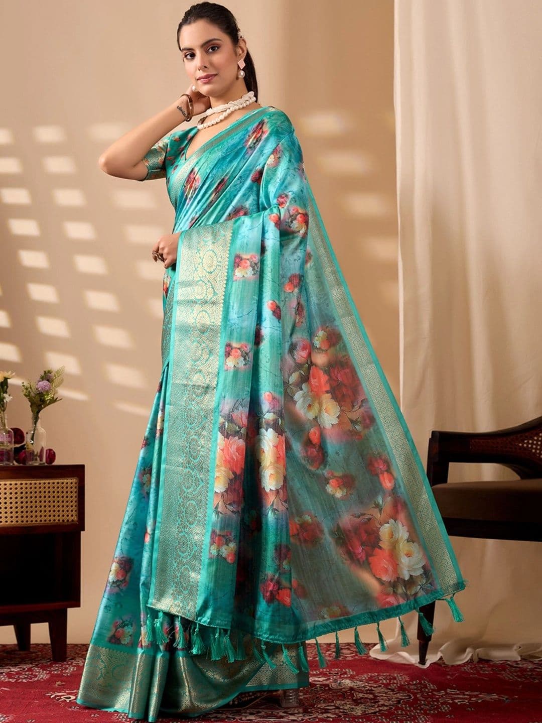 Moda Rapido Floral Zari Silk Blend Designer Saree thumbnail 6