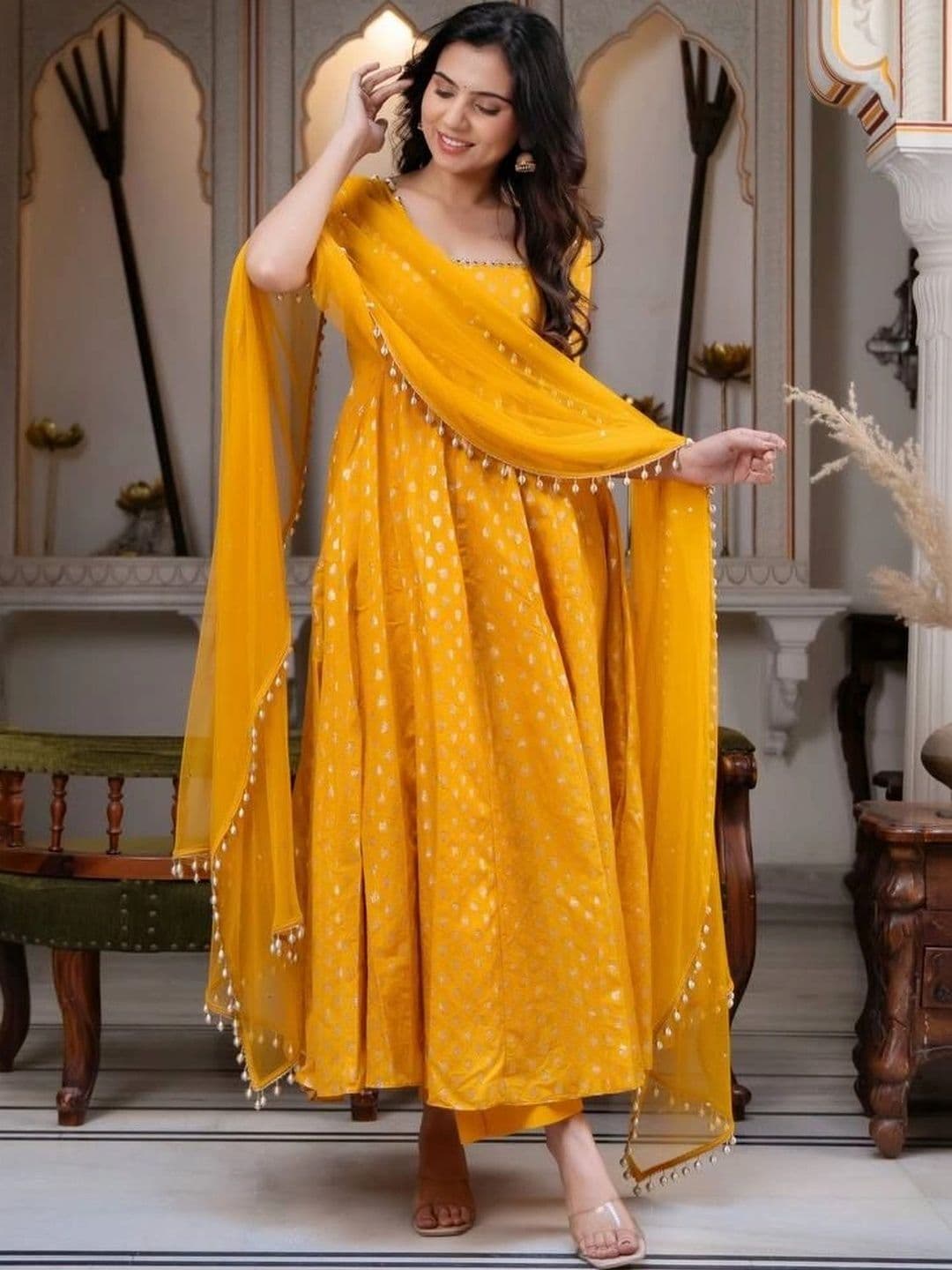Homexa Enterprise Women Gotta Patti Chanderi Silk Kurta with Trousers & With thumbnail 3