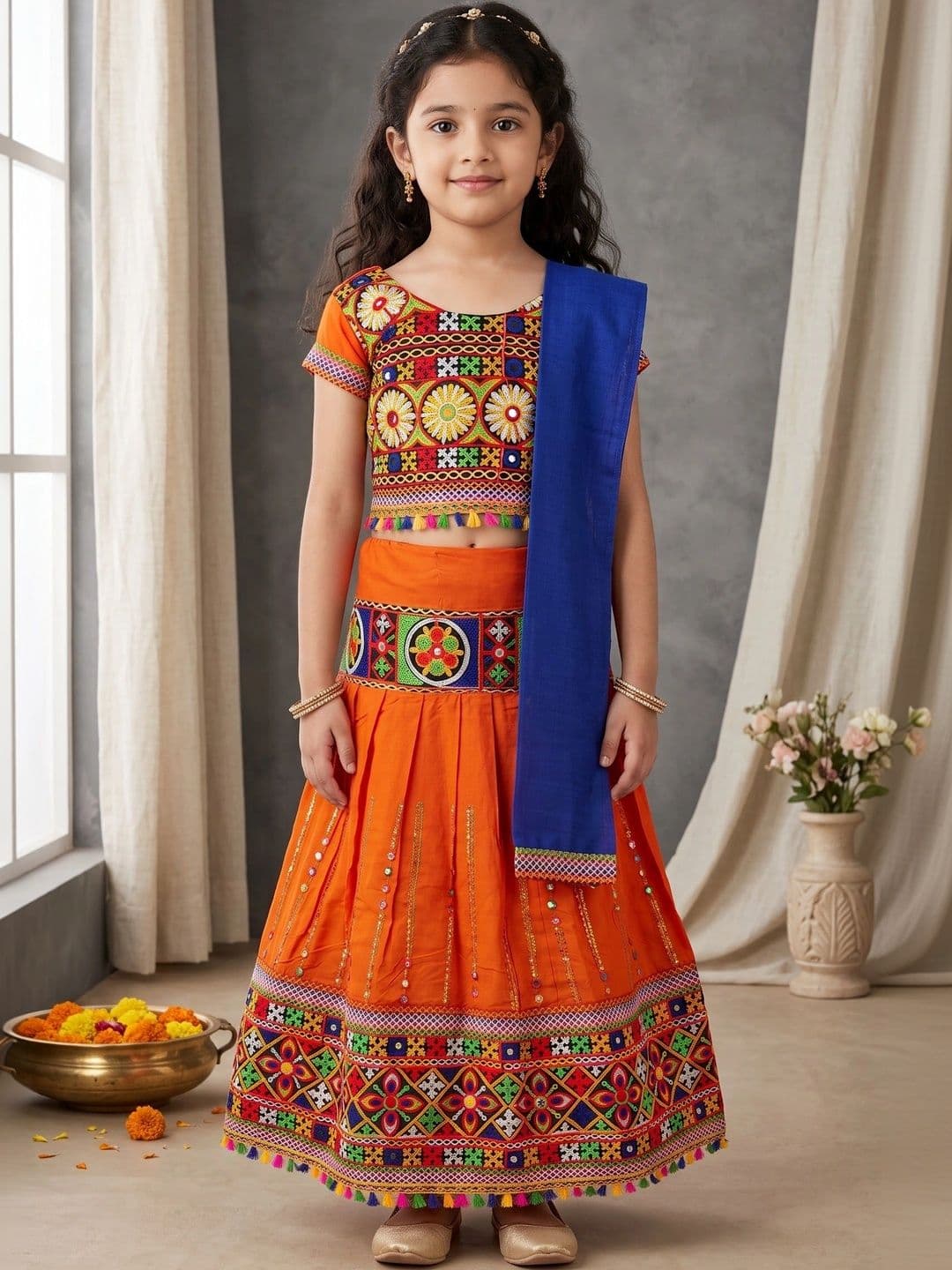 ahhaaaa Girls Embroidered Mirror Work Ready to Wear Lehenga & Blouse With Dupatta - view 1