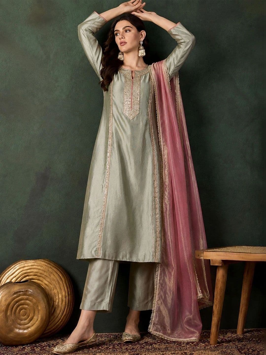 Sangria Women Ethnic Motifs Embroidered Regular Thread Work Kurta with Trousers & With Dupatta thumbnail 6
