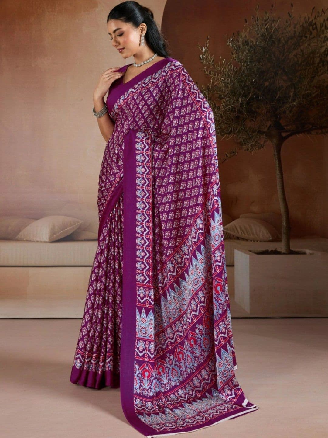 Moda Rapido Ajrak Block Satin Designer Saree thumbnail 5