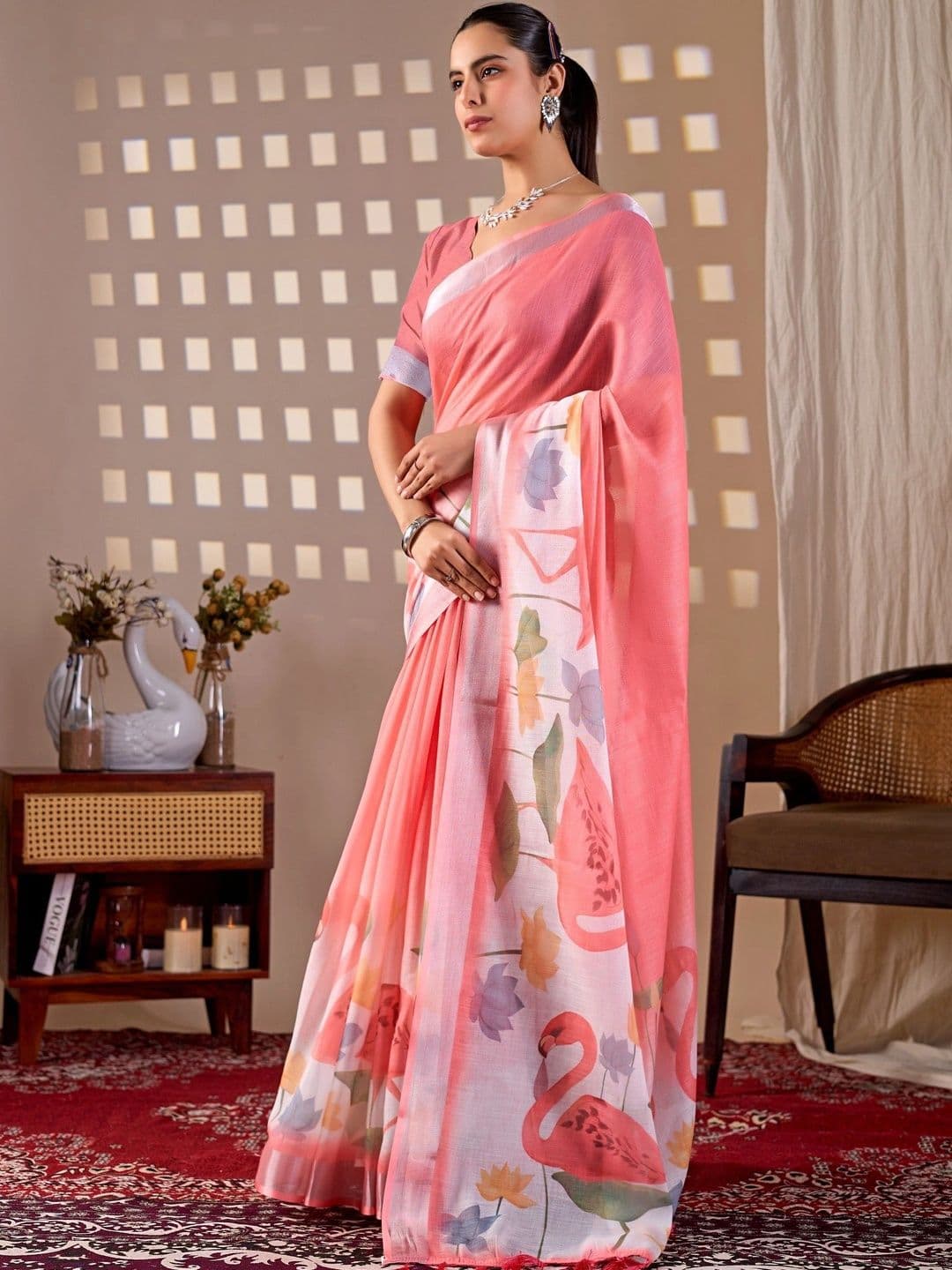Moda Rapido Floral Zari Linen Blend Designer Saree thumbnail 6