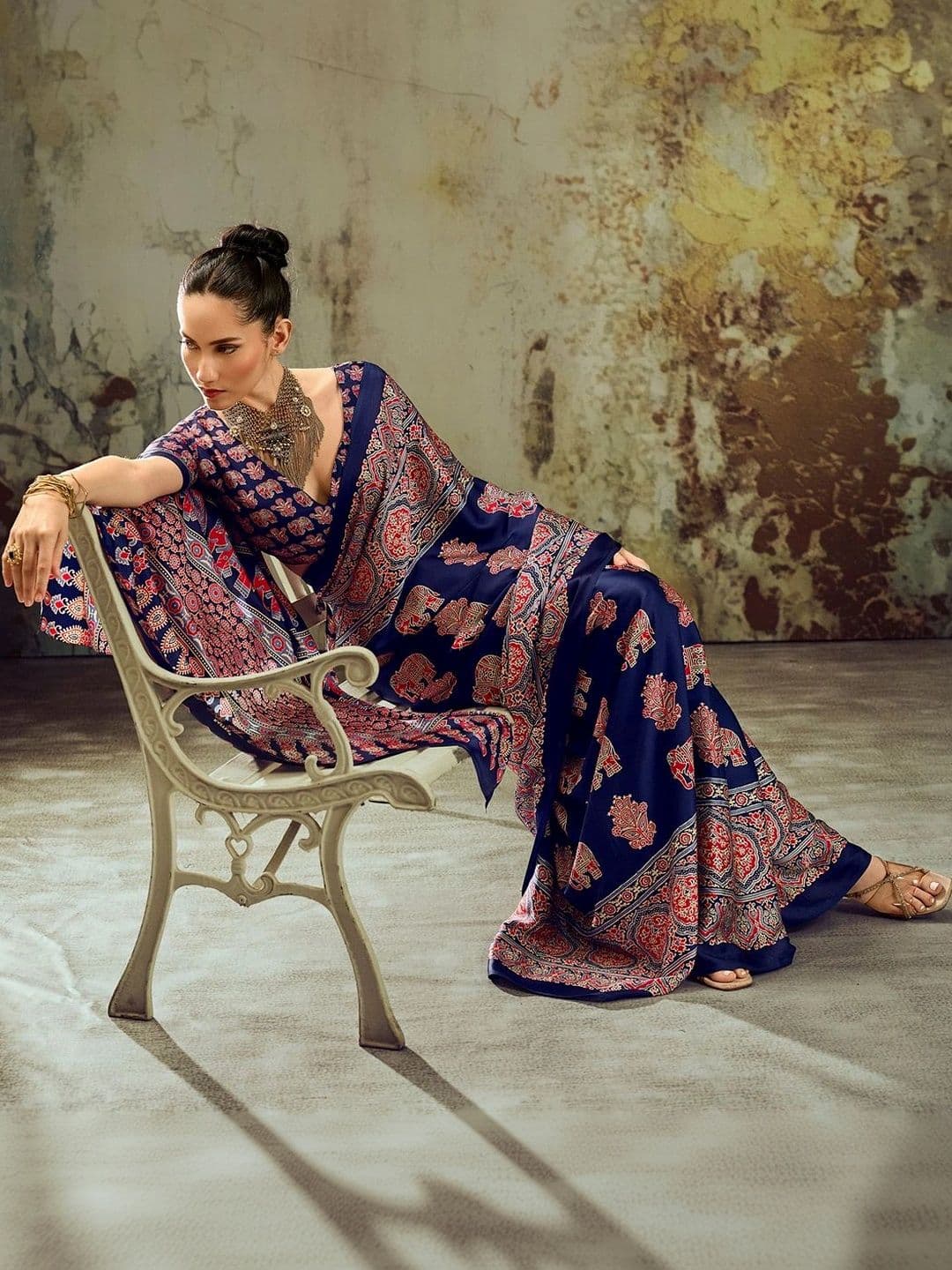 Sangria Ajrak Block Satin Designer Block Print Saree thumbnail 5