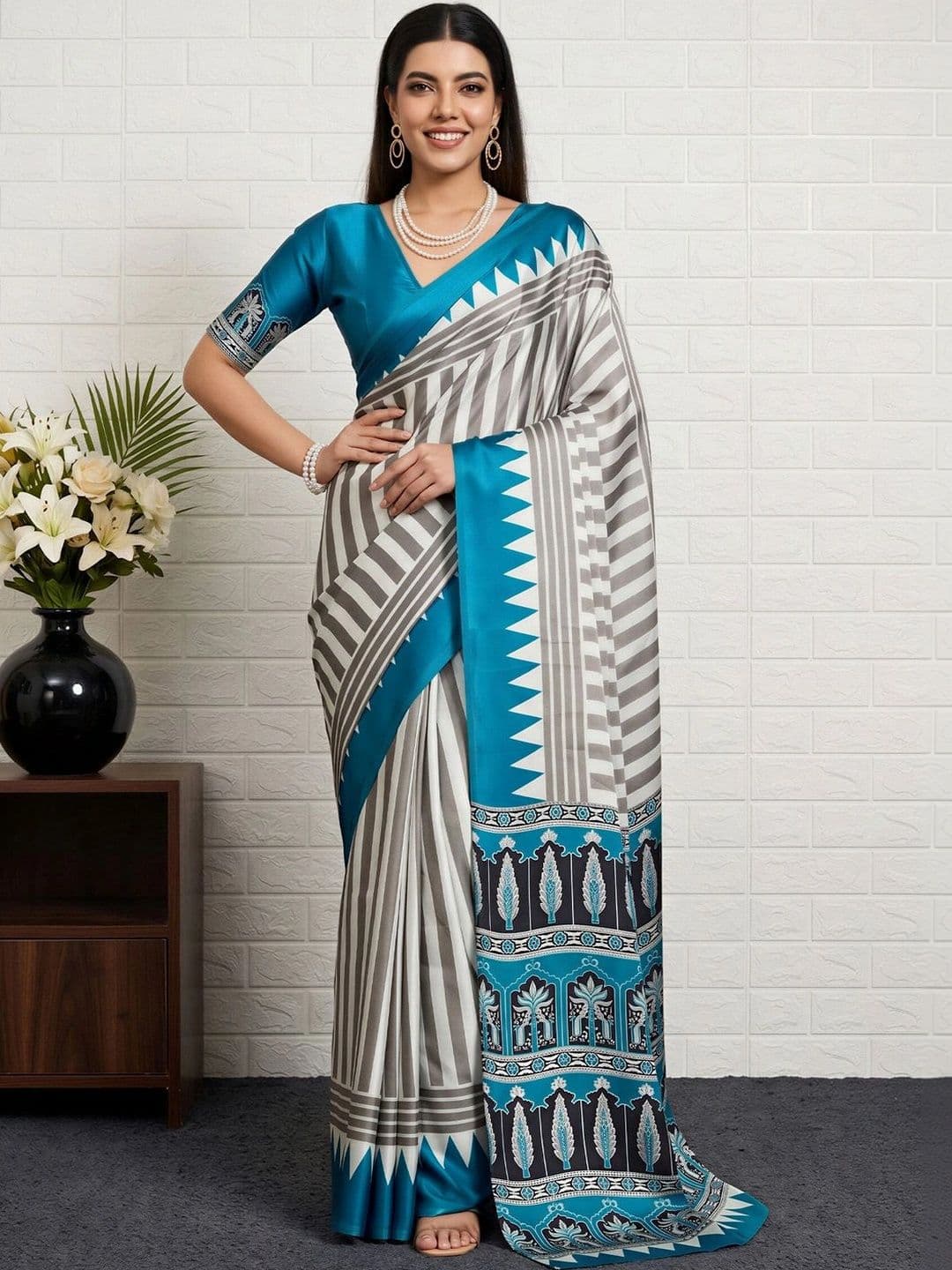 Anouk Striped Satin Designer Saree thumbnail 5