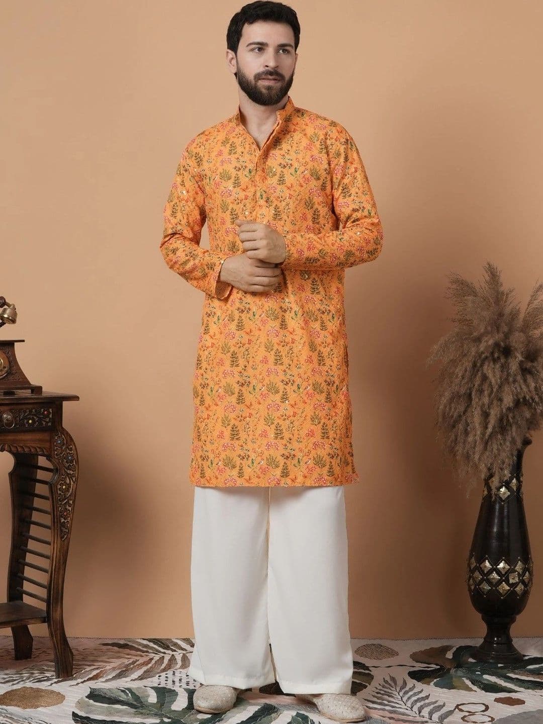 SHROBH Men Floral Printed Mirror Work Floral Kurta - view 1
