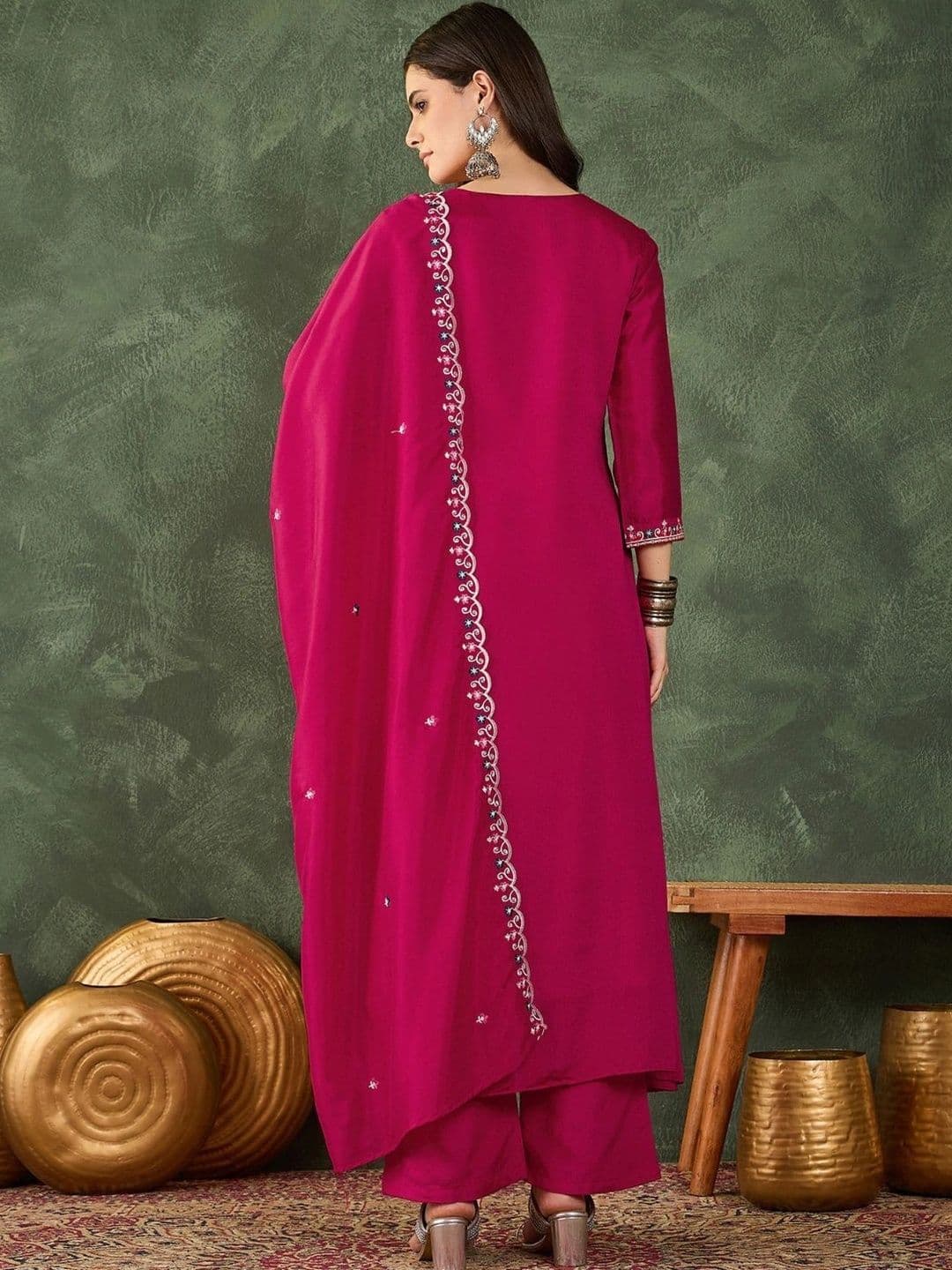 HERE&NOW Women Ethnic MotifsThread Work Pure Silk Kurta with Palazzos & With Dupatta thumbnail 2