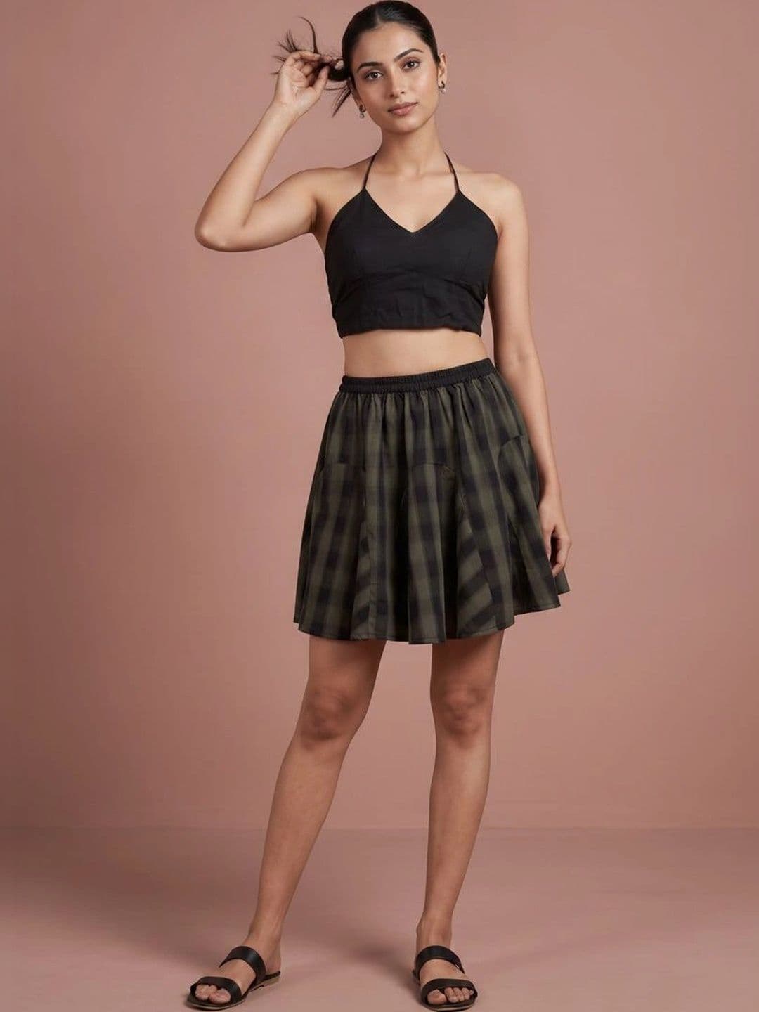 Hive91 Women Pure Cotton Checked Mini Flared Skirt thumbnail 3